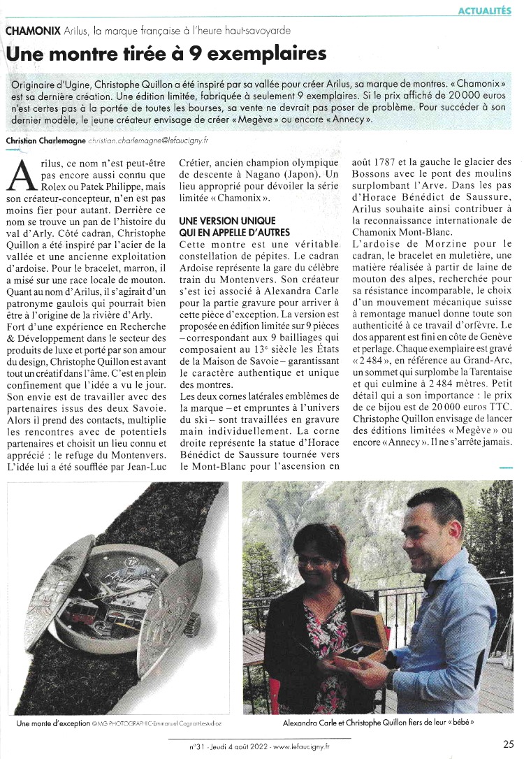 Un bel article dans Le Faucigny faisant suite à l'évènement du Montenvers pour la présentation de la montre Grand Arc Edition Chamonix - Métiers d'Art
