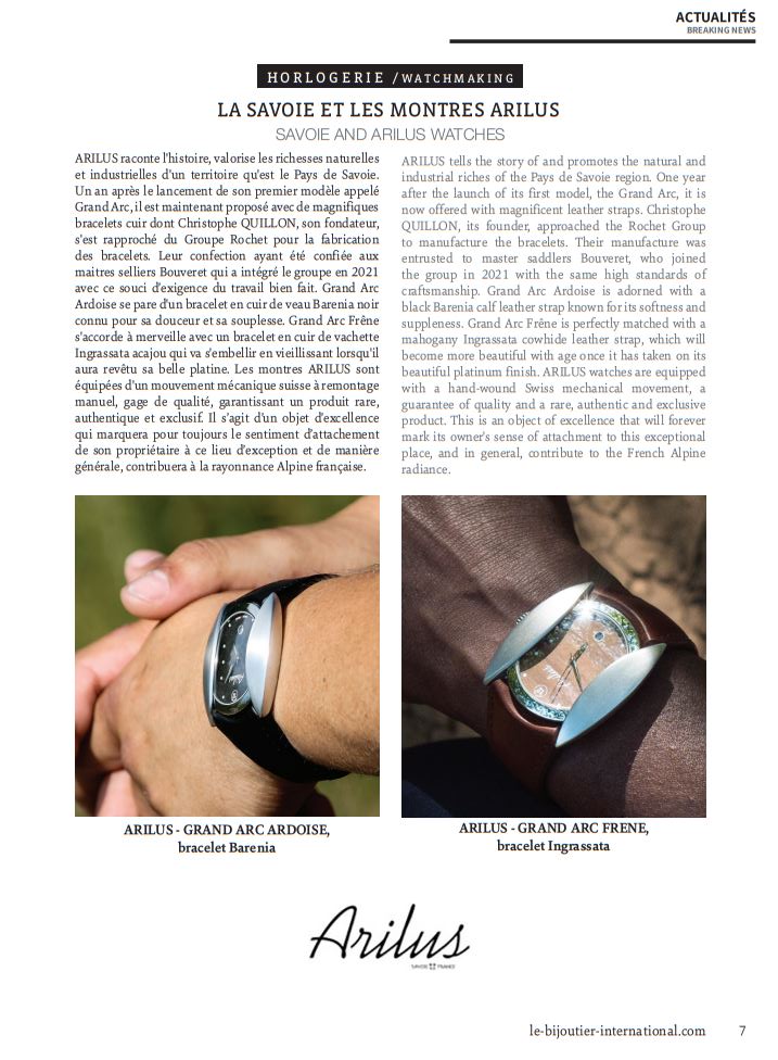 Arilus dans Le Bijoutier International numéro 876 - La Savoie et les montres Arilus
