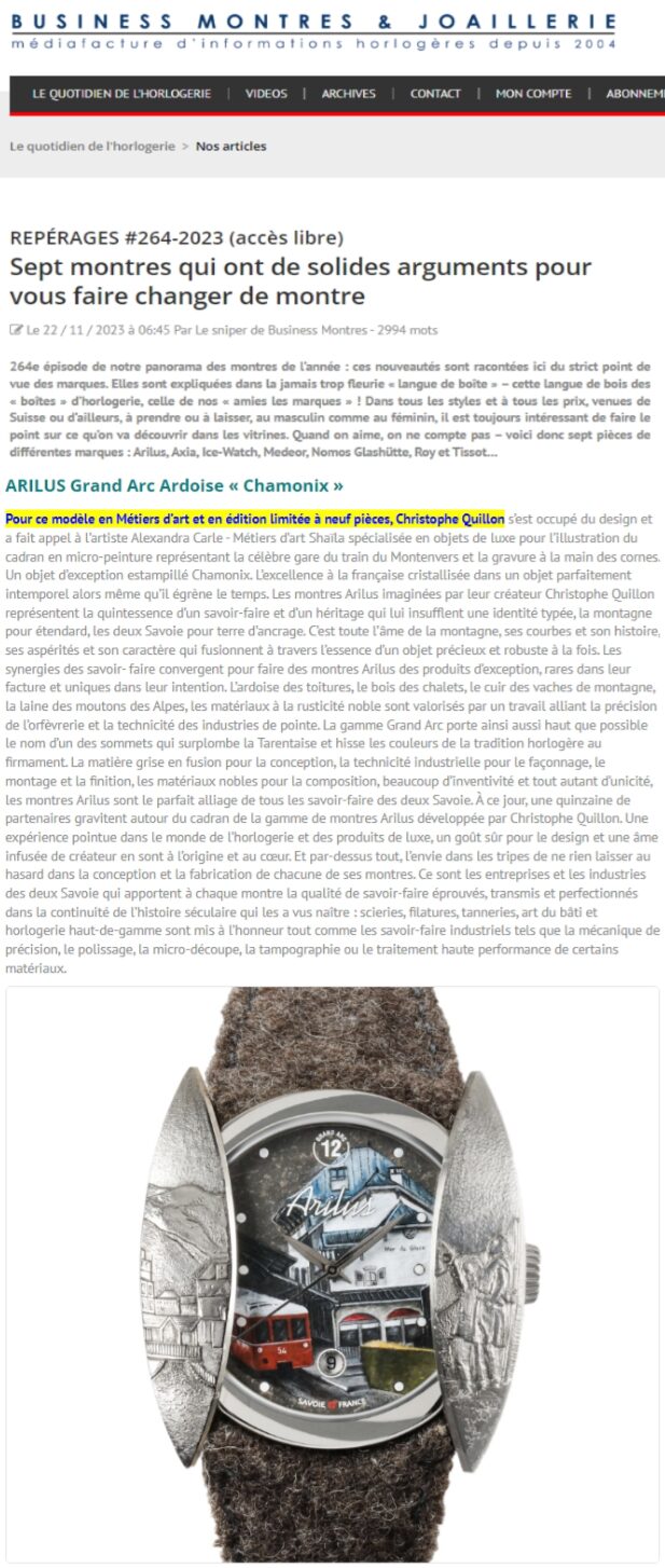 Arilus sur Businessmontres.com avec un bel article intitulé sept montres qui ont de solides arguments pour vous faire changer de montre avec une mise en avant du modèle Grand Arc édition Chamonix Métiers d'Art