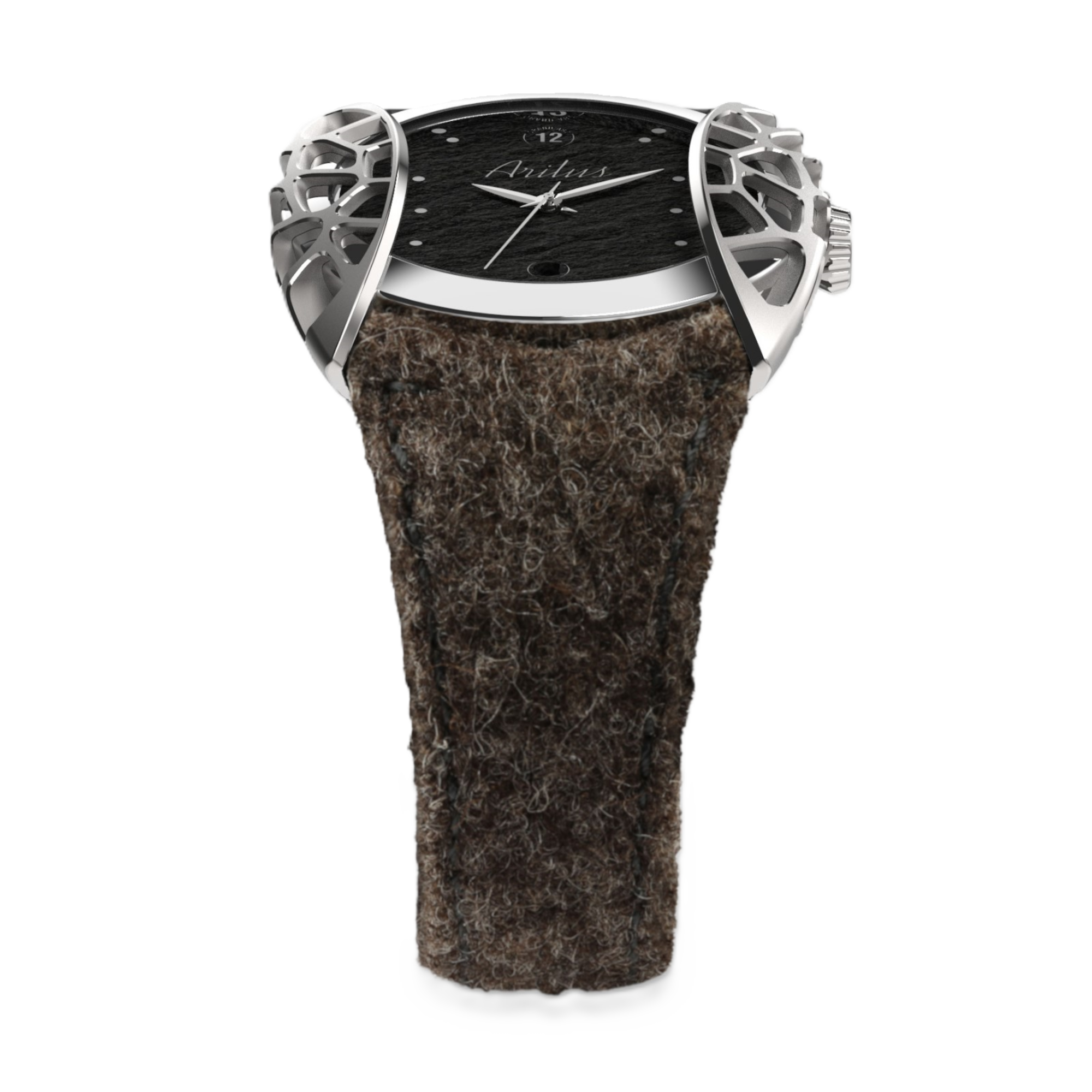 Montre homme fabriquée en France Arilus Grand Arc Organic Ardoise avec un bracelet en muletière laine de mouton des alpes - vue de face