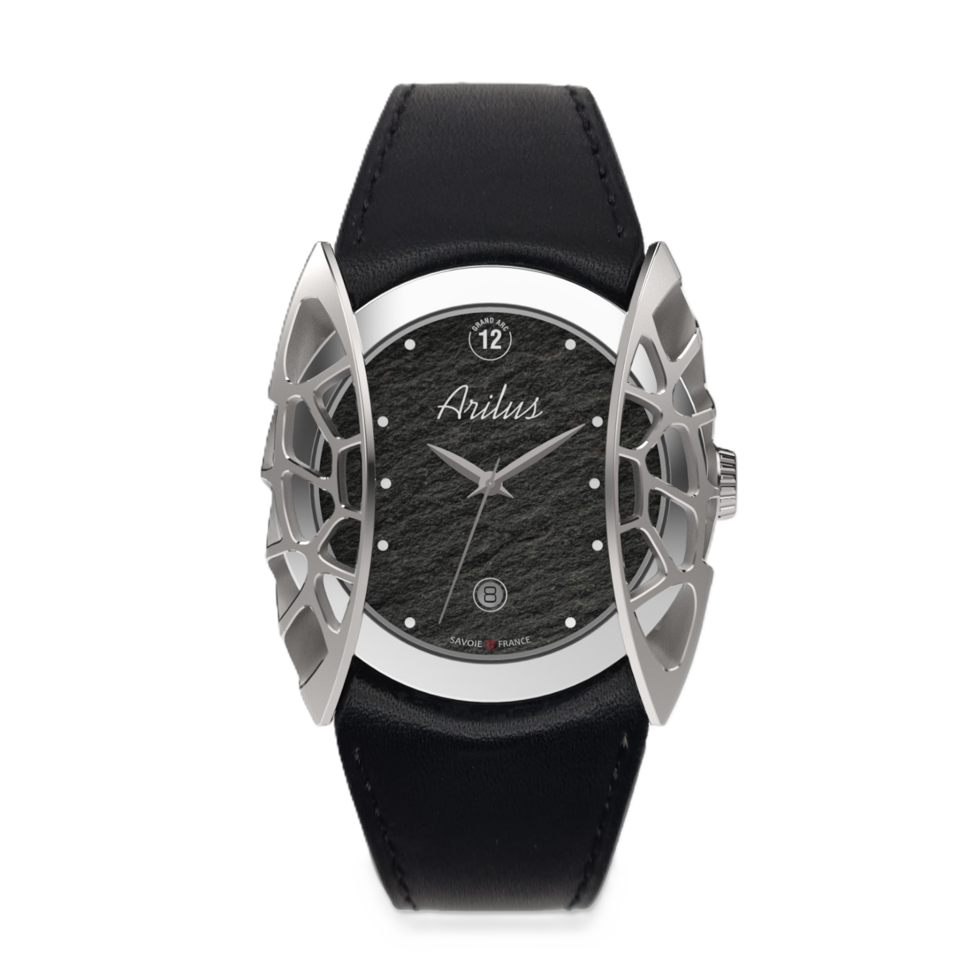 Montre homme fabriquée en France Arilus Grand Arc Organic Ardoise avec un bracelet en cuir de veau barénia noir - vue de dessus