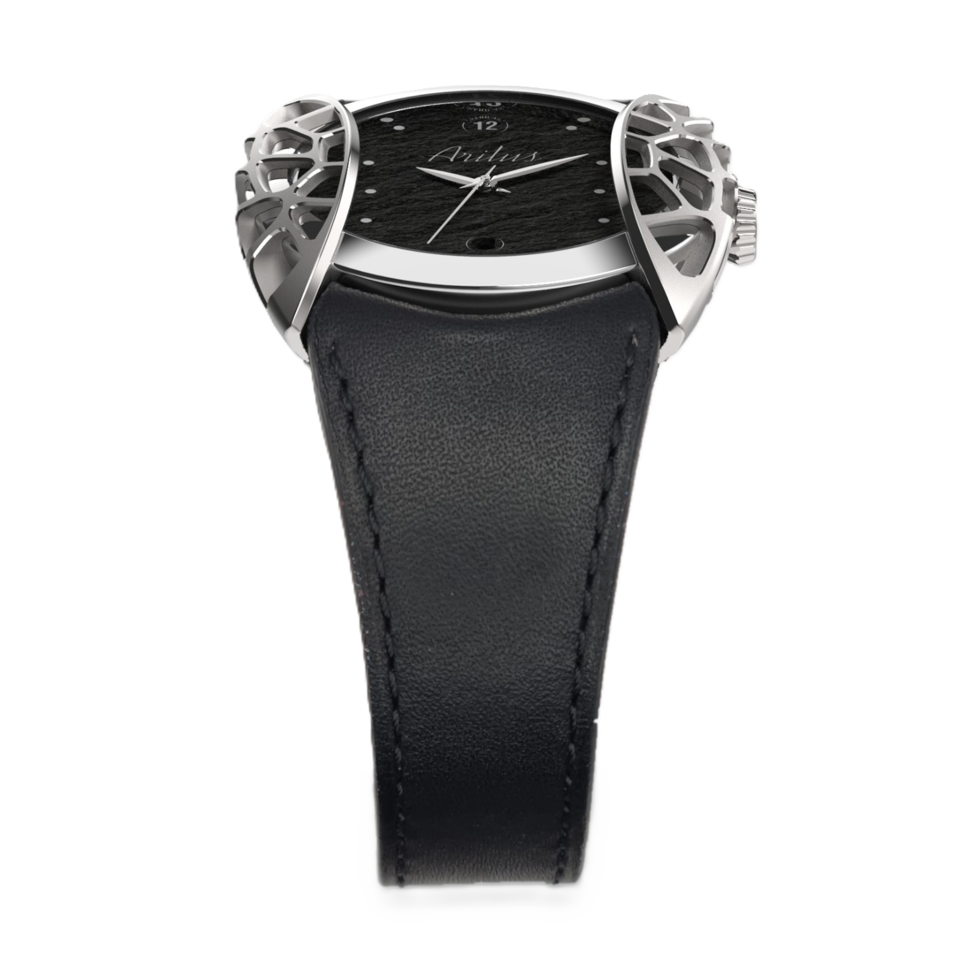Montre homme fabriquée en France Arilus Grand Arc Organic Ardoise avec un bracelet en cuir de veau barénia noir - vue de face