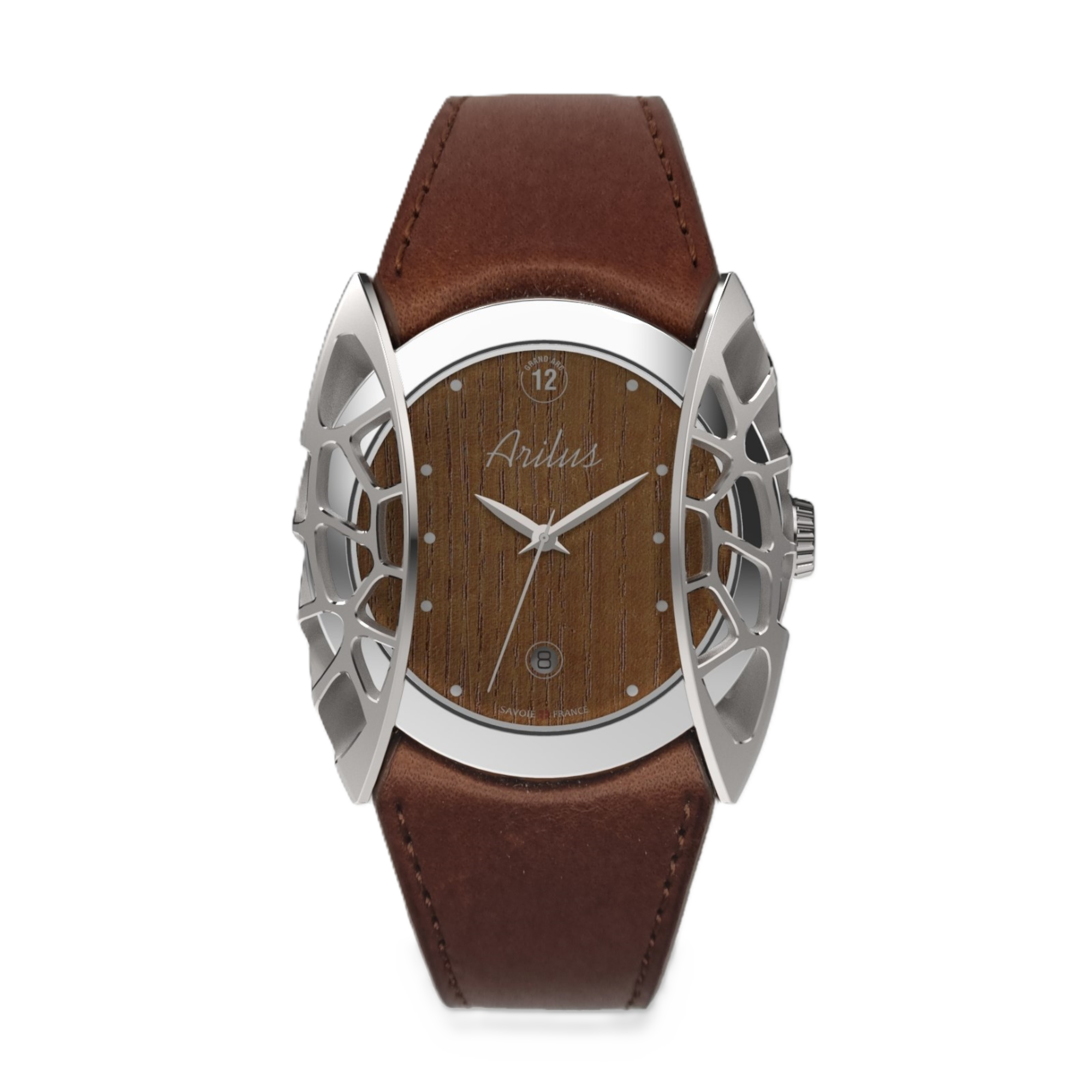 Montre homme fabriqué en France Arilus Grand Arc Organic Frêne avec en bracelet cuir de vachette Ingrassata acajou - vue de dessus