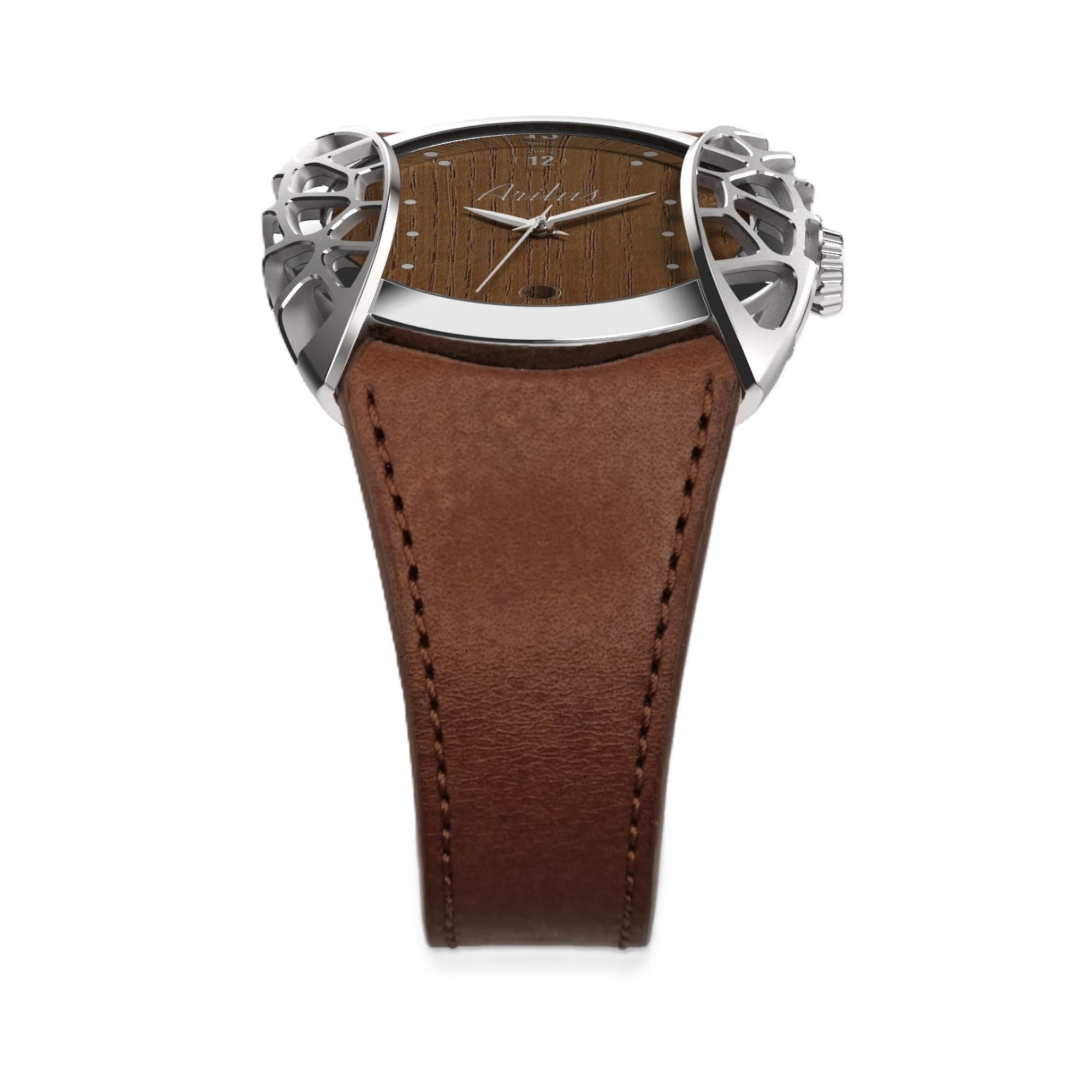 Montre homme fabriqué en France Arilus Grand Arc Organic Frêne avec en bracelet cuir de vachette Ingrassata acajou - vue de face