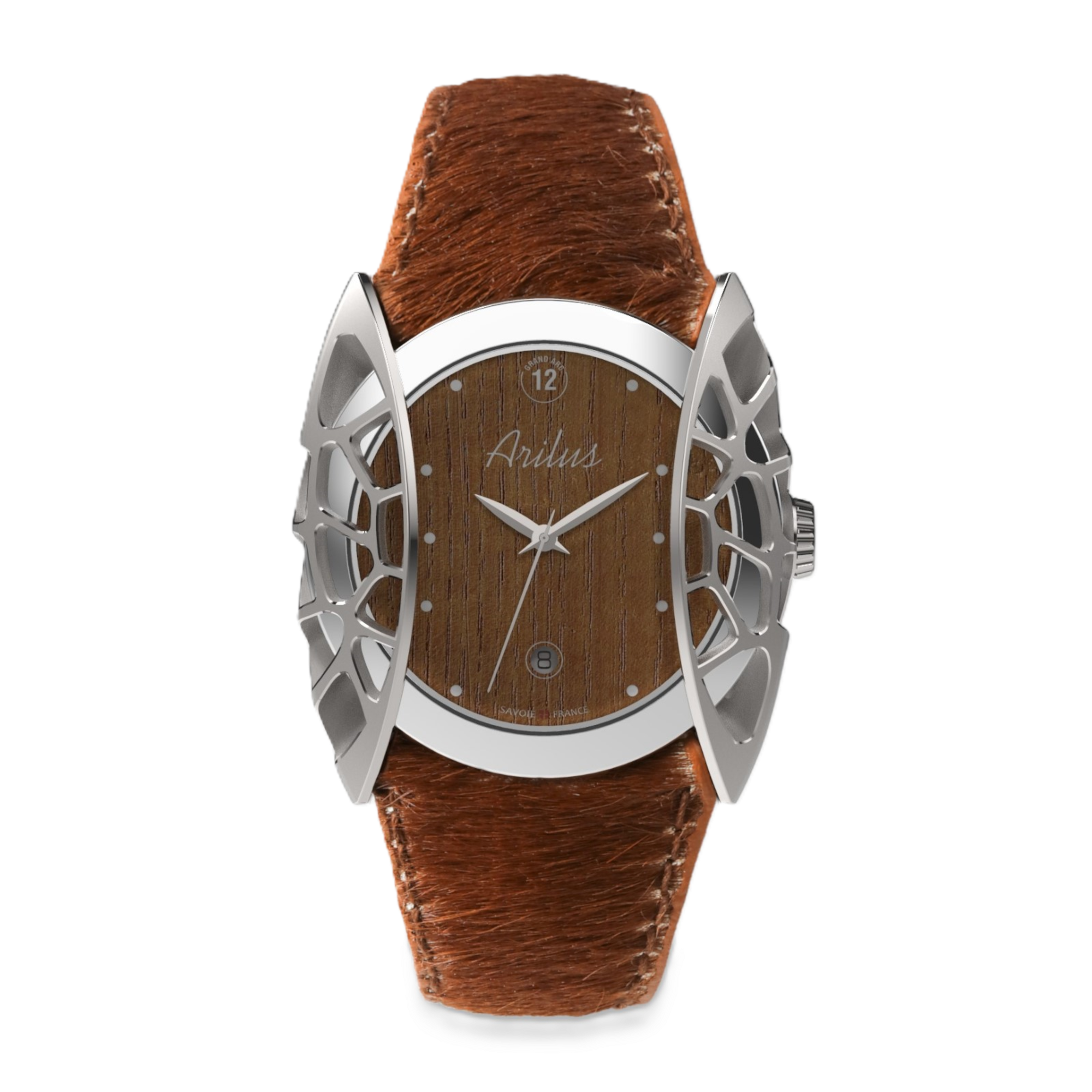 Montre homme fabriquée en France Arilus Grand Arc Organic Frêne avec un bracelet en peau de vache abondance tannage végétal - vue de dessus