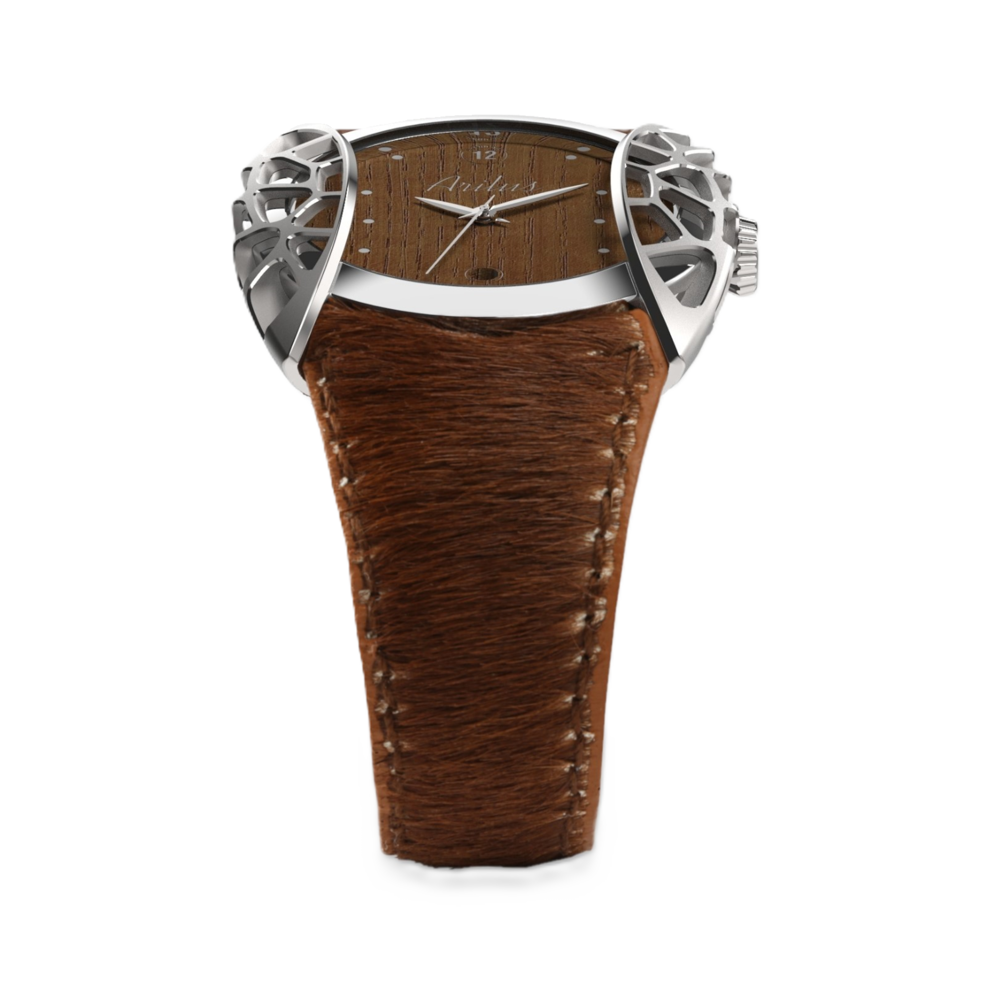 Montre homme fabriquée en France Arilus Grand Arc Organic Frêne avec un bracelet en peau de vache abondance tannage végétal - vue de face