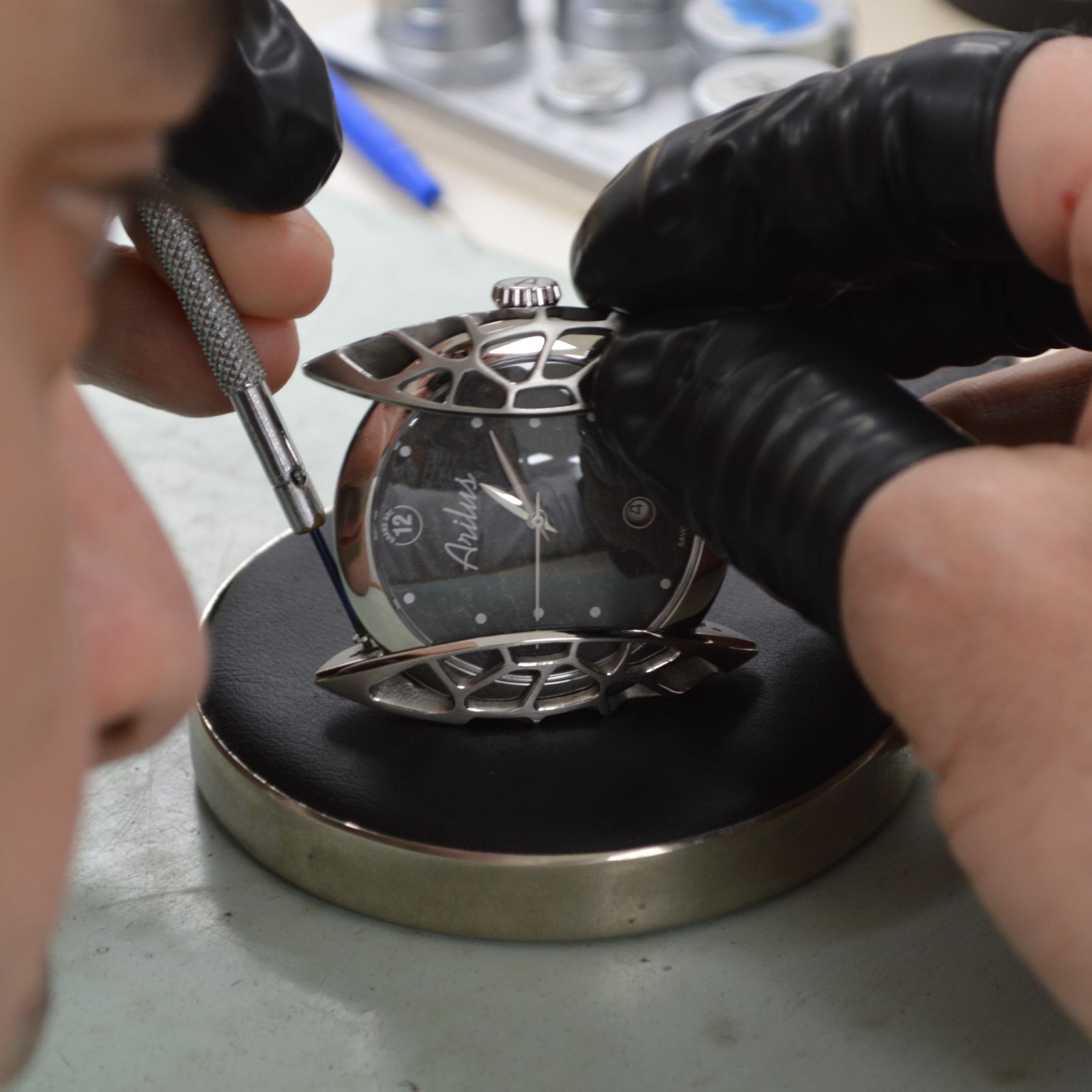 Assemblage des montres Arilus Grand Arc par les élèves de l'AISP O'Fil situé à Cluses. Mise en place des vis et brides pour le maintien des cornes.