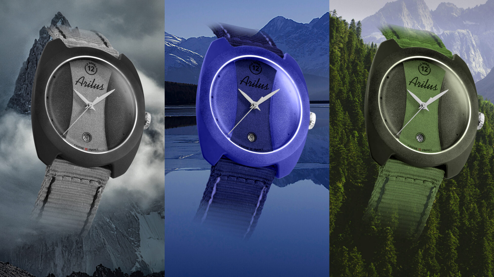 Arilus La Norma, bracelet en nylon tressé inspiré de l'alpinisme, carrure en aluminium en hommage à la vallée de La Maurienne, triptyque des 3 couleurs de lancement avec la Noir ardoise, Bleu nuit et Vert sapin, montre fabriquée en france, montre made in france, montre fabriquée en Savoie, montres à la française
